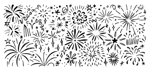 Hand-Drawn Fireworks Collection: Black & White Fireworks Clipart