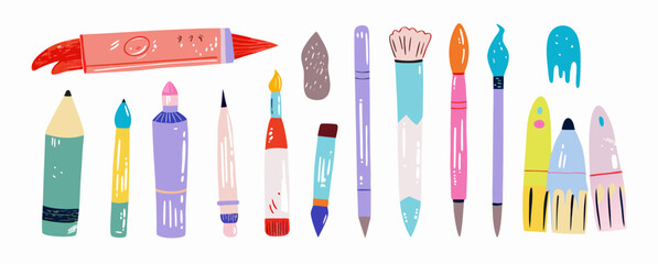 Colorful Art Supplies Collection: Pencils, Brushes, Markers