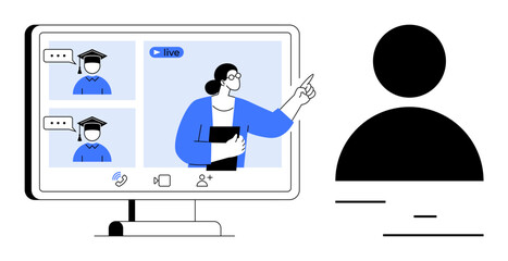 Teacher leading an online class, interacting with students via video call. Ideal for education, e-learning, communication, webinars, remote collaboration, knowledge sharing, simple landing page