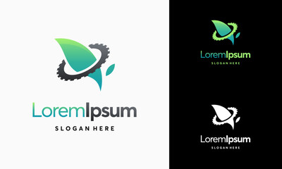 Obraz premium Modern nature technology logo, leaf and gear machine vector, Agriculture logo template icon, Green Eco Tech Logo Template Design Vector, Nature Industry