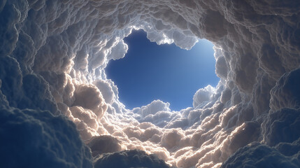 Bright circular cloud formation opening to blue sky