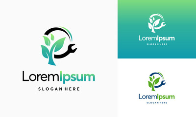 Green Service Logo Design Template, wrench tree leaf service logo vector icon illustration, Mechanic leaf logo template vector