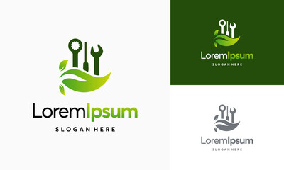 Green Service Logo Design Template, wrench tree leaf service logo vector icon illustration, Mechanic leaf logo template vector