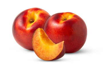 Nectarine fruit and slice isolated. Nectarine peaches and cut with clipping path. Not AI.
