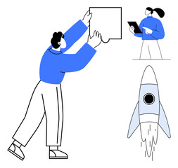 Man connecting puzzle piece, woman using tablet, and rocket launching. Ideal for teamwork, innovation, problem solving, strategy, startup, collaboration simple landing page