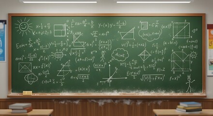 A classroom chalkboard filled with various mathematical equations, shapes, and doodles.