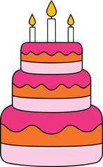 Three tier birthday cake with candles isolated on transparent background