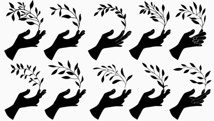 Silhouettes of hands holding branches with leaves in a pattern on a white background in a vector art style