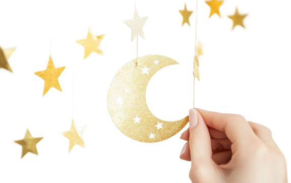 Close up detailed view of hand pinning up a delicate crescent moon decoration with care isolated on transparent background PNG