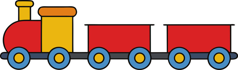 Colorful toy train with red cars and yellow engine isolated on transparent background
