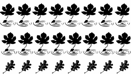 Black leaves falling into water creating ripples and oak leaves in a pattern on a white background design silhouette