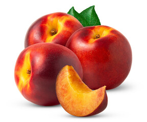Nectarine peaches with slice and leaf isolated. Nectarine peach and cut and leaf with clipping...