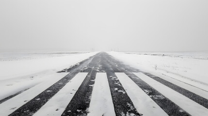A snowy road with a crosswalk and trees in the background