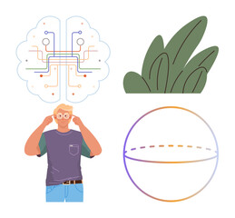 Person gesturing near head with brain diagram above, abstract greenery, and gradient-colored sphere. Ideal for creativity, innovation, education, tech, mindfulness botany cognitive science. Simple