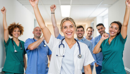 Medical team celebrating success with raised hands in hospital corridor  