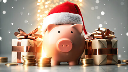 Festive piggy bank with santa hat and gift coins celebration concept. A festive piggy bank wearing a Santa hat surrounded by gifts.