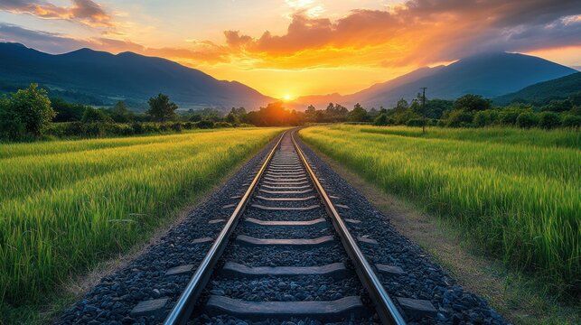 a serene railway journey beckons under a vibrant sunset where the convergence of golden light and distant mountains creates a picturesque landscape promoting exploration