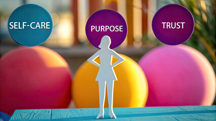 Targeting women consumers based on personal values concept. A representation of self-care, purpose, and trust with colorful decor.