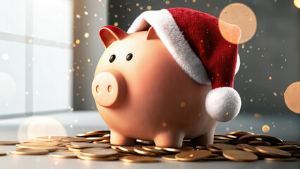 Festive piggy bank with santa hat and gift coins celebration concept. Festive piggy bank wearing a Christmas hat with gold coins.