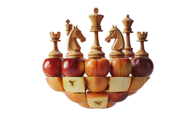 Artistic interpretation of an apple transformed into a chessboard with suspended elements isolated on transparent background PNG