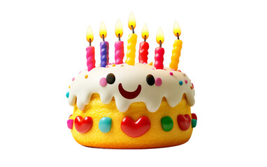 Colorful birthday cake emoji topped with bright candles and smooth layered frosting isolated on transparent background PNG