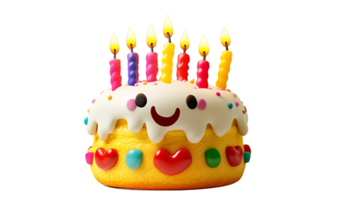 Colorful birthday cake emoji topped with bright candles and smooth layered frosting isolated on transparent background PNG