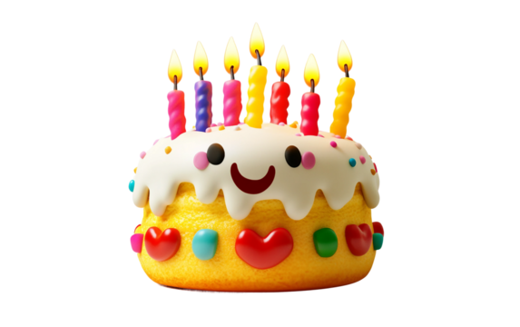 Colorful birthday cake emoji topped with bright candles and smooth layered frosting isolated on transparent background PNG
