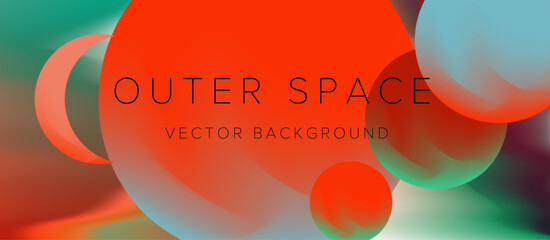 Vector illustration features a modern abstract style with a space theme, using vibrant red, blue, and green gradients. The design is composed of overlapping circles and soft-edged geometric shapes.