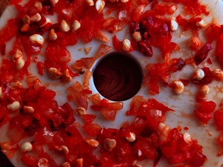 Dehydrator Tray with Red Bell Pepper Pieces and Seeds CloseUp View.