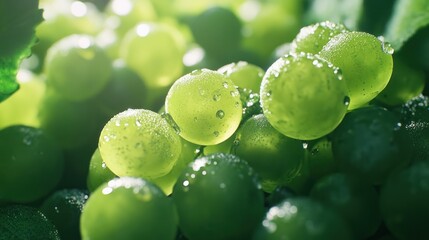 Close-up of glistening green grapes, dewy leaves in the background