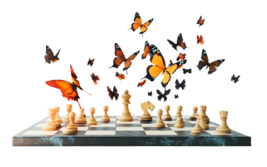 Floating chessboard midair showcasing detailed chess pieces in strategic arrangement isolated on transparent background PNG