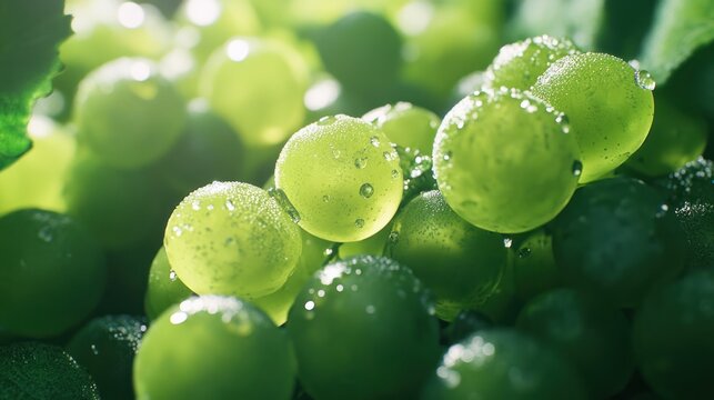 Close-up of glistening green grapes, dewy leaves in the background