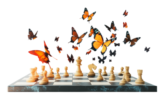 Floating chessboard midair showcasing detailed chess pieces in strategic arrangement isolated on transparent background PNG