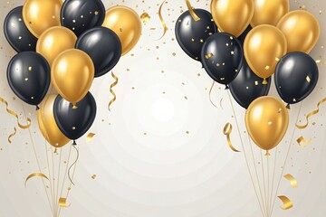 Elegant black and gold balloons with falling confetti celebration background