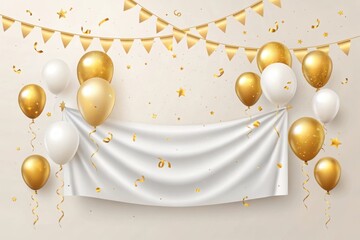 Elegant golden and white balloons adorn a festive banner