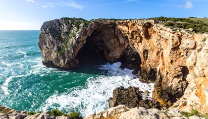 Obraz premium Coastal cave with crashing waves