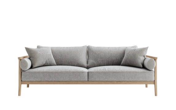 Clean floating Scandinavian sofa in muted grey tones designed for minimal and modern interiors isolated on transparent background PNG