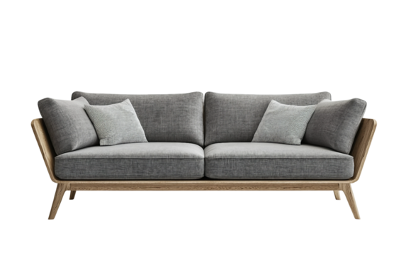 Sleek Scandinavian style sofa with floating structure and soft grey palette for elegant spaces isolated on transparent background PNG - Powered by Adobe