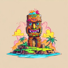 Vibrant Tiki Idol on Tropical Island Paradise