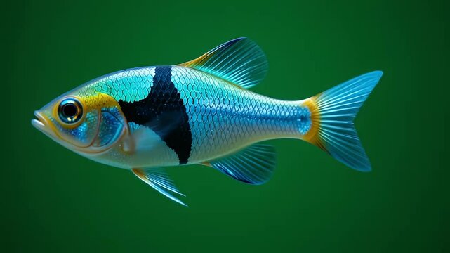 Beautiful tropical dwarf cichlid fish on a green background	