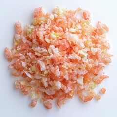 Pile of chopped cooked shrimp on white background seafood
