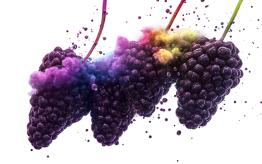 Cluster of blackberries transforming into floating orbs in a surreal and imaginative composition isolated on transparent background PNG