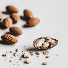 Shelled Almonds and Crushed Almonds on White Background