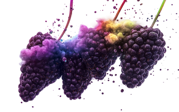 Cluster of blackberries transforming into floating orbs in a surreal and imaginative composition isolated on transparent background PNG