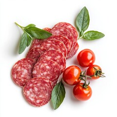 Sliced Salami with Cherry Tomatoes and Basil Leaves