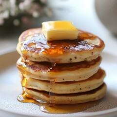 Stack of Pancakes with Butter and Syrup on Plate breakfast
