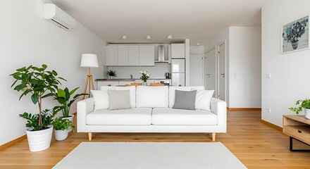 Fototapeta premium A bright, modern living room and kitchen area with a white sofa, plants, and wooden floors, showcasing a clean and comfortable home interior.