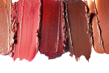 Lipstick pink red orange burgundy coral brown nude palette smudge background texture isolated on white background