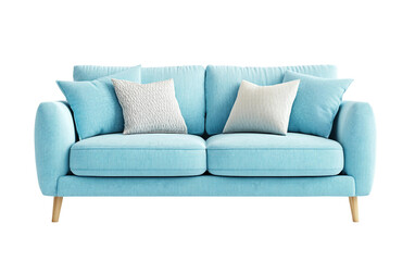 Fototapeta premium Compact pastel blue cozy sofa featuring plush cushions and soft fluffy pillows for a modern minimalist lounge isolated on transparent background PNG