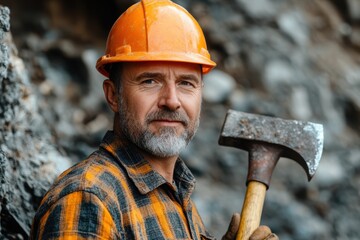 Close-up of a mature worker wearing an orange hard hat, holding a rustic axe, embodying resilience and dedication in manual work